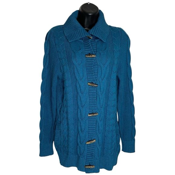 LL Bean Cardigan Sweater Womens M Petite Fisherman Cable Knit Toggle Pockets - Picture 1 of 15